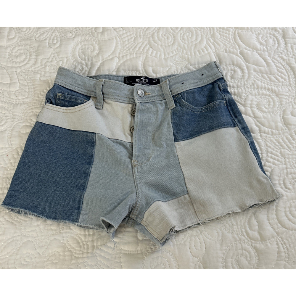 Hollister Jean Shorts Patchwork Denim Womens 5/27 Blue Ultra High Rise Mom